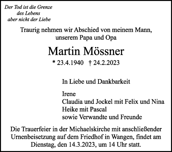 Traueranzeige von Martin Mössner von Stuttgarter Zeitung / Stuttgarter Nachrichten