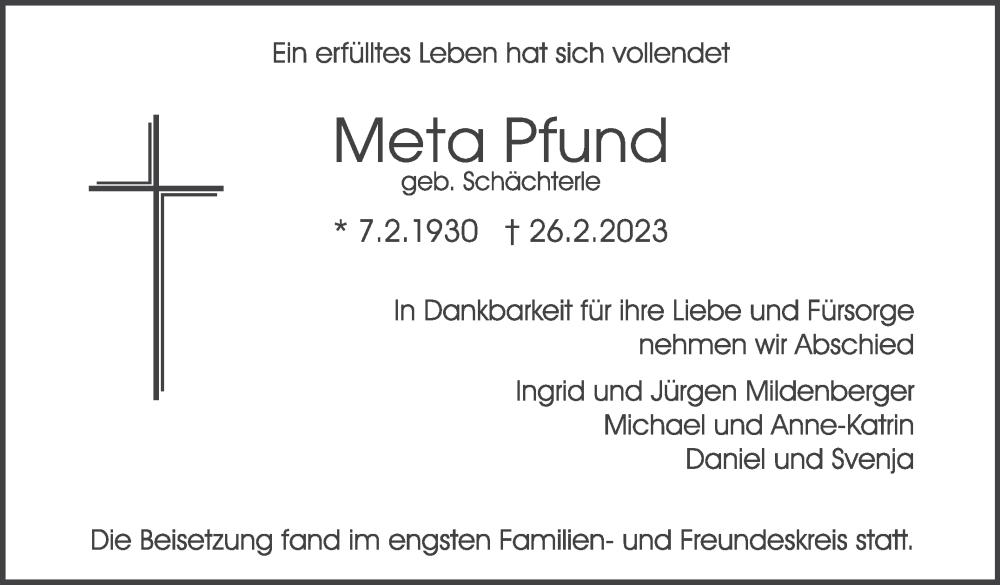  Traueranzeige für Meta Pfund vom 16.03.2023 aus Stuttgarter Zeitung / Stuttgarter Nachrichten