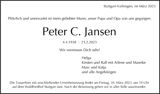 Traueranzeige von Peter C. Jansen von Stuttgarter Zeitung / Stuttgarter Nachrichten