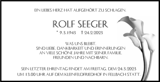 Traueranzeige von Rolf Seeger von Stuttgarter Zeitung / Stuttgarter Nachrichten