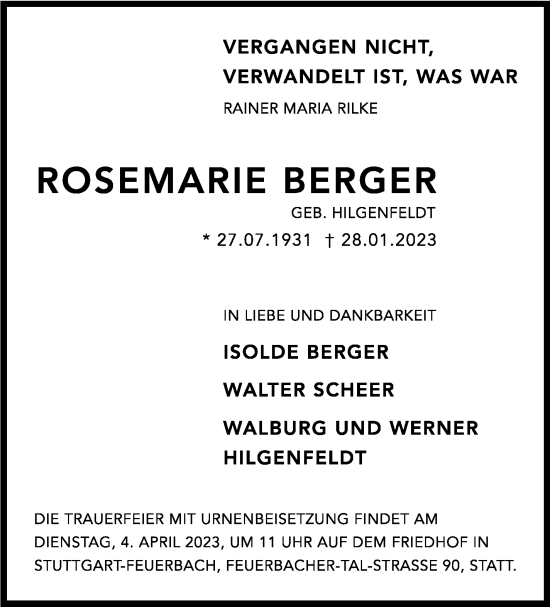 Traueranzeige von Rosemarie Berger von Stuttgarter Zeitung / Stuttgarter Nachrichten