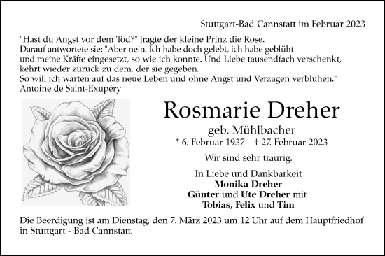 Traueranzeige von Rosmarie Dreher von Stuttgarter Zeitung / Stuttgarter Nachrichten