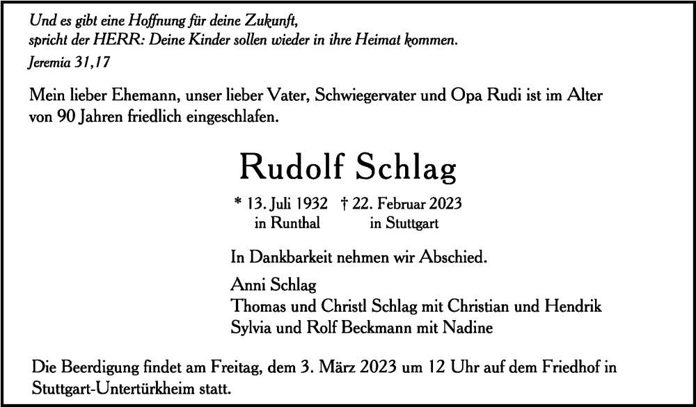  Traueranzeige für Rudolf Schlag vom 01.03.2023 aus Stuttgarter Zeitung / Stuttgarter Nachrichten