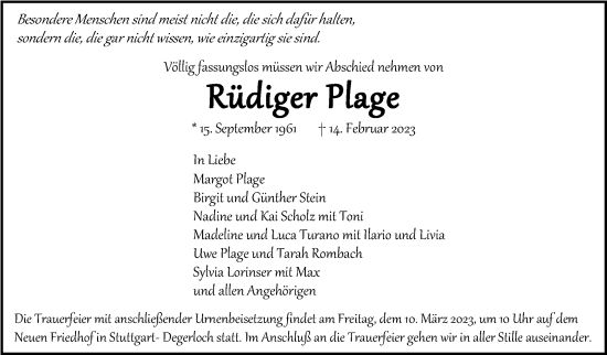 Traueranzeige von Rüdiger Plage von Stuttgarter Zeitung / Stuttgarter Nachrichten