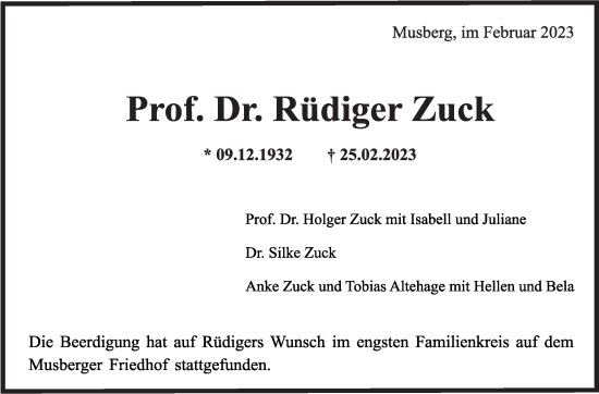 Traueranzeige von Rüdiger Zuck von Stuttgarter Zeitung / Stuttgarter Nachrichten