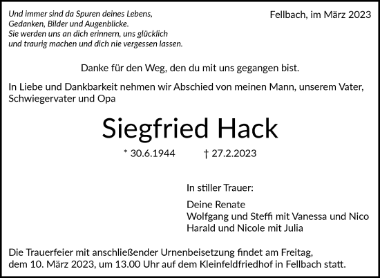 Traueranzeige von Siegfried Hack von Stuttgarter Zeitung / Stuttgarter Nachrichten
