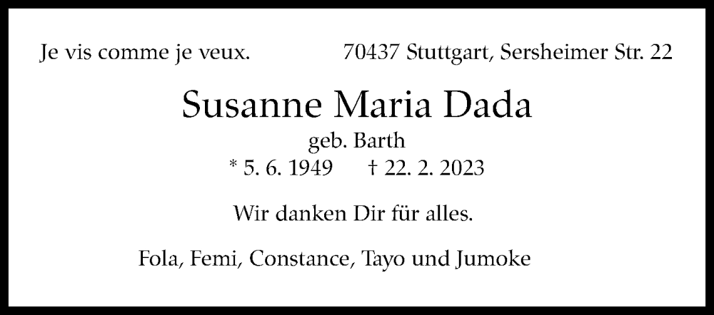  Traueranzeige für Susanne Maria Dada vom 04.03.2023 aus Stuttgarter Zeitung / Stuttgarter Nachrichten