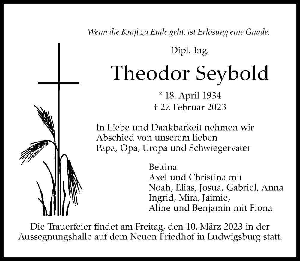  Traueranzeige für Theodor Seybold vom 04.03.2023 aus Stuttgarter Zeitung / Stuttgarter Nachrichten