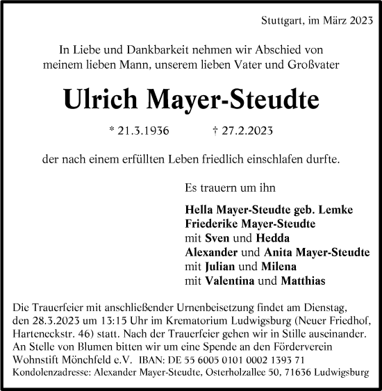 Traueranzeige von Ulrich Mayer-Steudte von Stuttgarter Zeitung / Stuttgarter Nachrichten