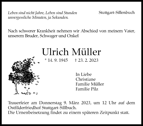 Traueranzeige von Ulrich Müller von Stuttgarter Zeitung / Stuttgarter Nachrichten