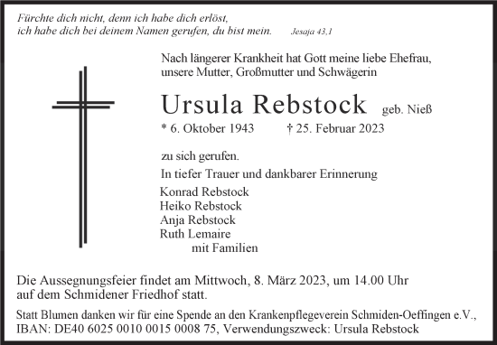 Traueranzeige von Ursula Rebstock von Stuttgarter Zeitung / Stuttgarter Nachrichten