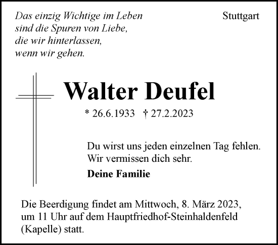 Traueranzeige von Walter Deufel von Stuttgarter Zeitung / Stuttgarter Nachrichten