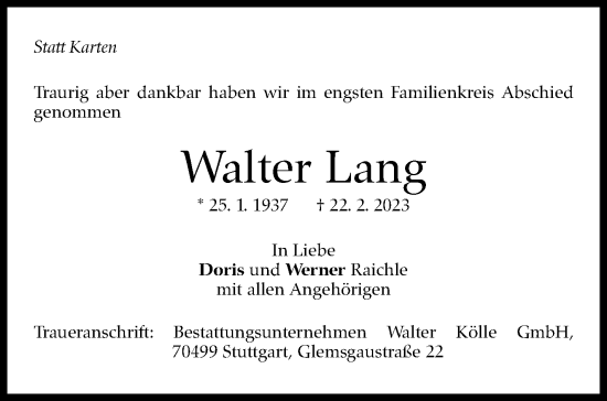 Traueranzeige von Walter Lang von Stuttgarter Zeitung / Stuttgarter Nachrichten