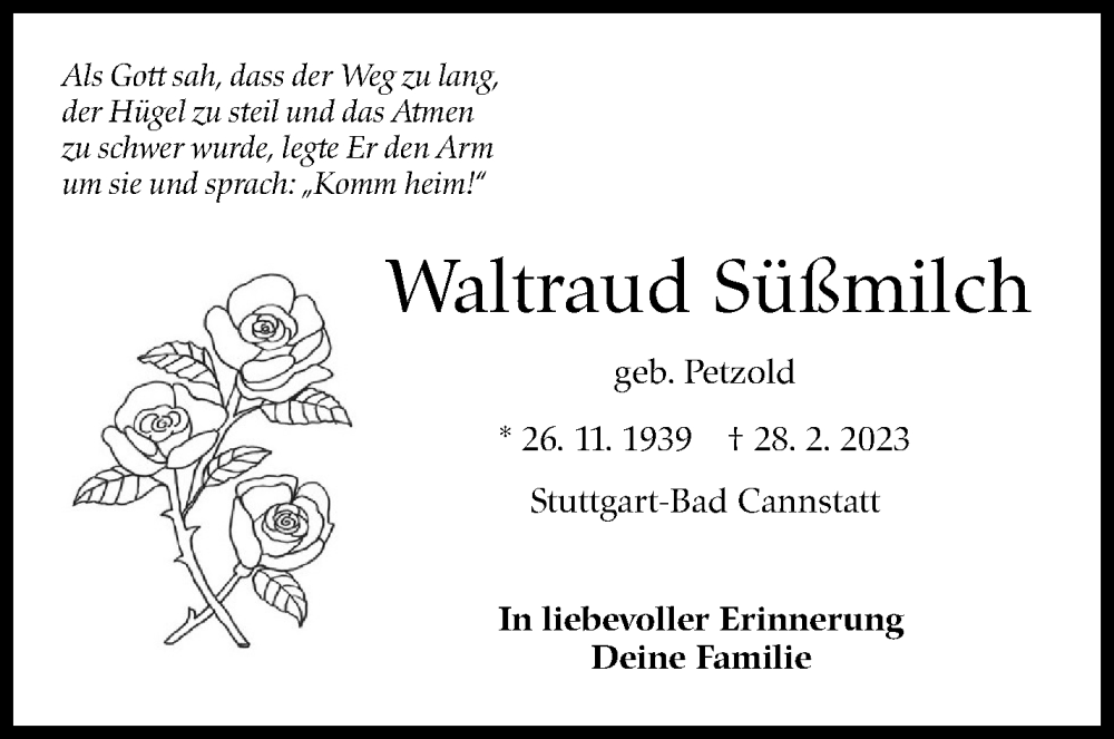  Traueranzeige für Waltraud Süßmilch vom 04.03.2023 aus Stuttgarter Zeitung / Stuttgarter Nachrichten