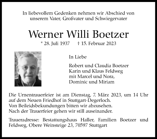 Traueranzeige von Werner  Boetzer von Stuttgarter Zeitung / Stuttgarter Nachrichten