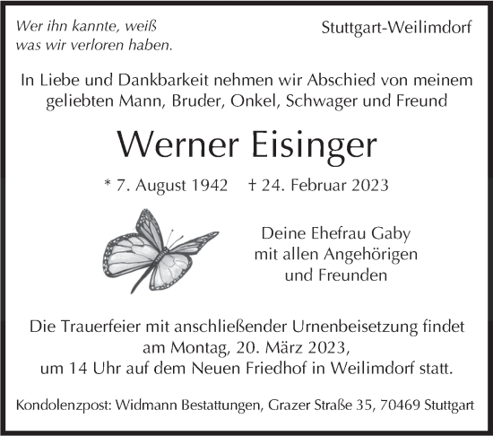 Traueranzeige von Werner Eisinger von Stuttgarter Zeitung / Stuttgarter Nachrichten
