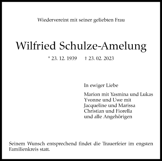 Traueranzeige von Wilfried Schulze-Amelung von Stuttgarter Zeitung / Stuttgarter Nachrichten