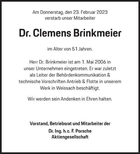 Traueranzeige von Clemens Brinkmeier von Stuttgarter Zeitung / Stuttgarter Nachrichten