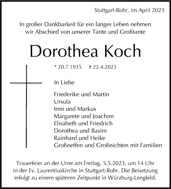 Traueranzeige von Dorothea Koch von Stuttgarter Zeitung / Stuttgarter Nachrichten