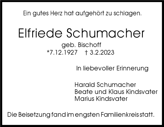 Traueranzeige von Elfriede Schumacher von Stuttgarter Zeitung / Stuttgarter Nachrichten