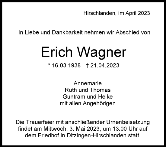 Traueranzeige von Erich Wagner von Stuttgarter Zeitung / Stuttgarter Nachrichten
