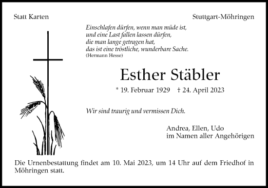 Traueranzeige von Esther Stäbler von Stuttgarter Zeitung / Stuttgarter Nachrichten