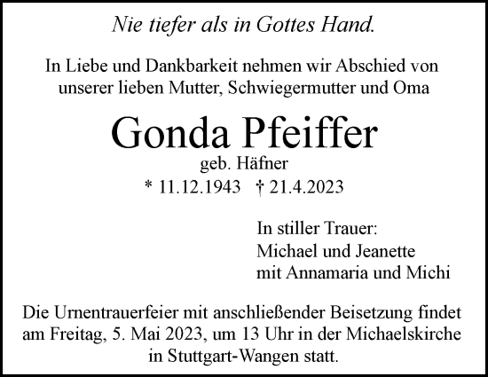 Traueranzeige von Gonda Pfeffer von Stuttgarter Zeitung / Stuttgarter Nachrichten