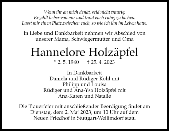 Traueranzeige von Hannelore Holzäpfel von Stuttgarter Zeitung / Stuttgarter Nachrichten