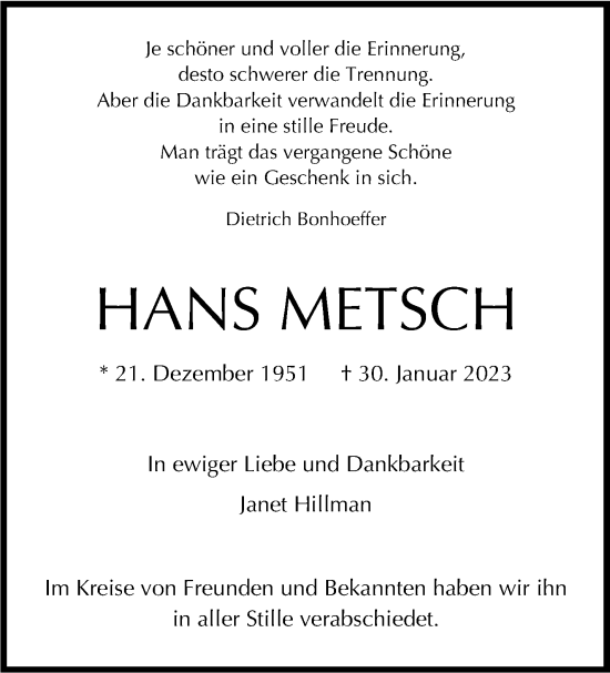 Traueranzeige von Hans Metsch von Stuttgarter Zeitung / Stuttgarter Nachrichten