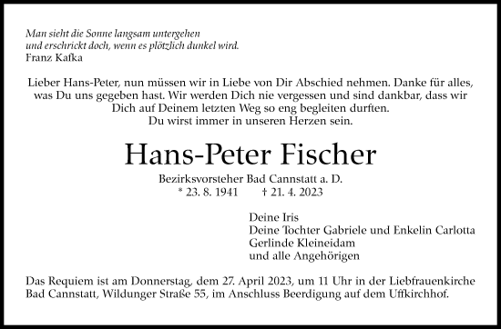 Traueranzeige von Hans-Peter Fischer von Stuttgarter Zeitung / Stuttgarter Nachrichten