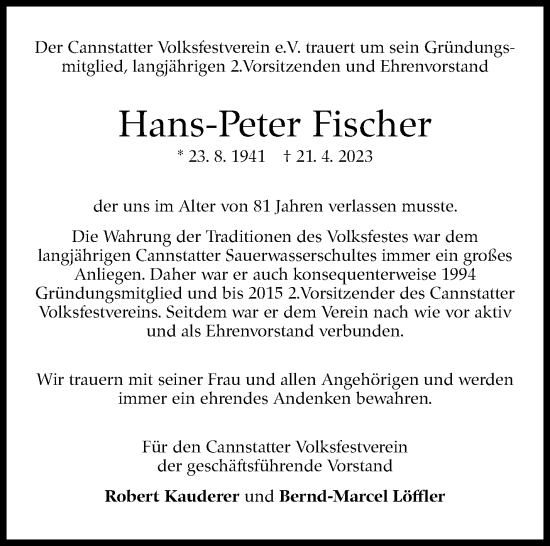Traueranzeige von Hans-Peter Fischer von Stuttgarter Zeitung / Stuttgarter Nachrichten