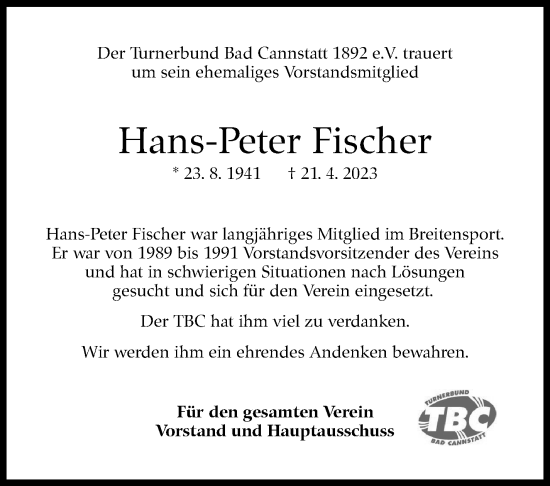 Traueranzeige von Hans-Peter Fischer von Stuttgarter Zeitung / Stuttgarter Nachrichten