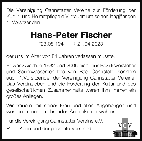 Traueranzeige von Hans-Peter Fischer von Stuttgarter Zeitung / Stuttgarter Nachrichten