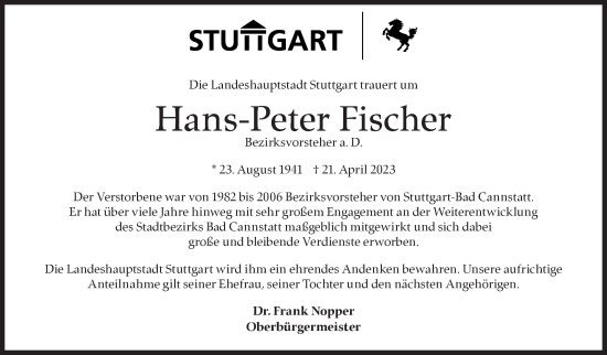 Traueranzeige von Hans-Peter Fischer von Stuttgarter Zeitung / Stuttgarter Nachrichten