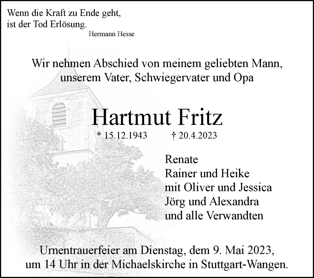  Traueranzeige für Hartmut Fritz vom 27.04.2023 aus Stuttgarter Zeitung / Stuttgarter Nachrichten