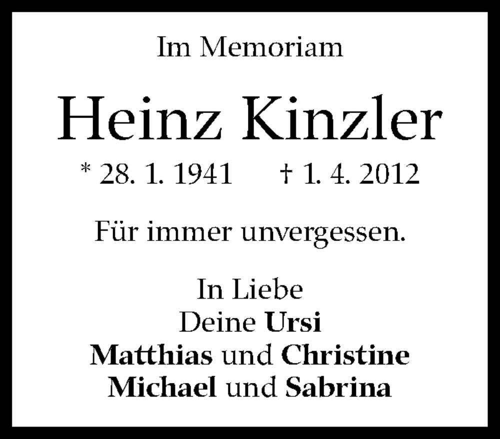  Traueranzeige für Heinz Kinzler vom 01.04.2023 aus Stuttgarter Zeitung / Stuttgarter Nachrichten