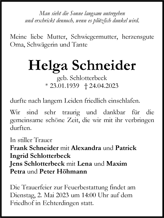 Traueranzeige von Helga Schneider von Stuttgarter Zeitung / Stuttgarter Nachrichten