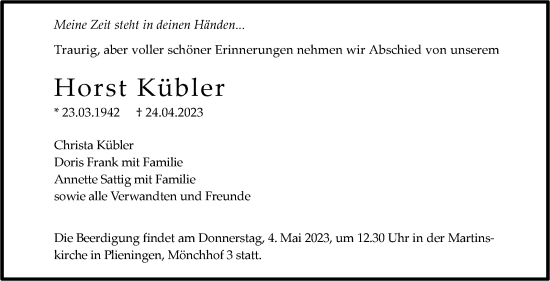Traueranzeige von Horst Kübler von Stuttgarter Zeitung / Stuttgarter Nachrichten