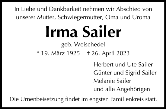 Traueranzeige von Irma Sailer von Stuttgarter Zeitung / Stuttgarter Nachrichten