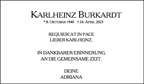 Traueranzeige von Karlheinz Burkardt von Stuttgarter Zeitung / Stuttgarter Nachrichten
