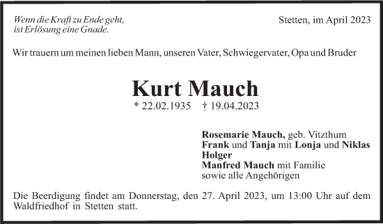 Traueranzeige von Kurt Mauch von Stuttgarter Zeitung / Stuttgarter Nachrichten