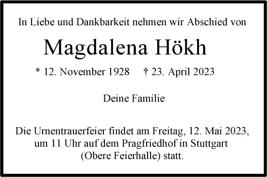 Traueranzeige von Magdalena Hökh von Stuttgarter Zeitung / Stuttgarter Nachrichten