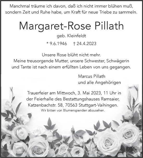Traueranzeige von Margaret-Rose Pillath von Stuttgarter Zeitung / Stuttgarter Nachrichten