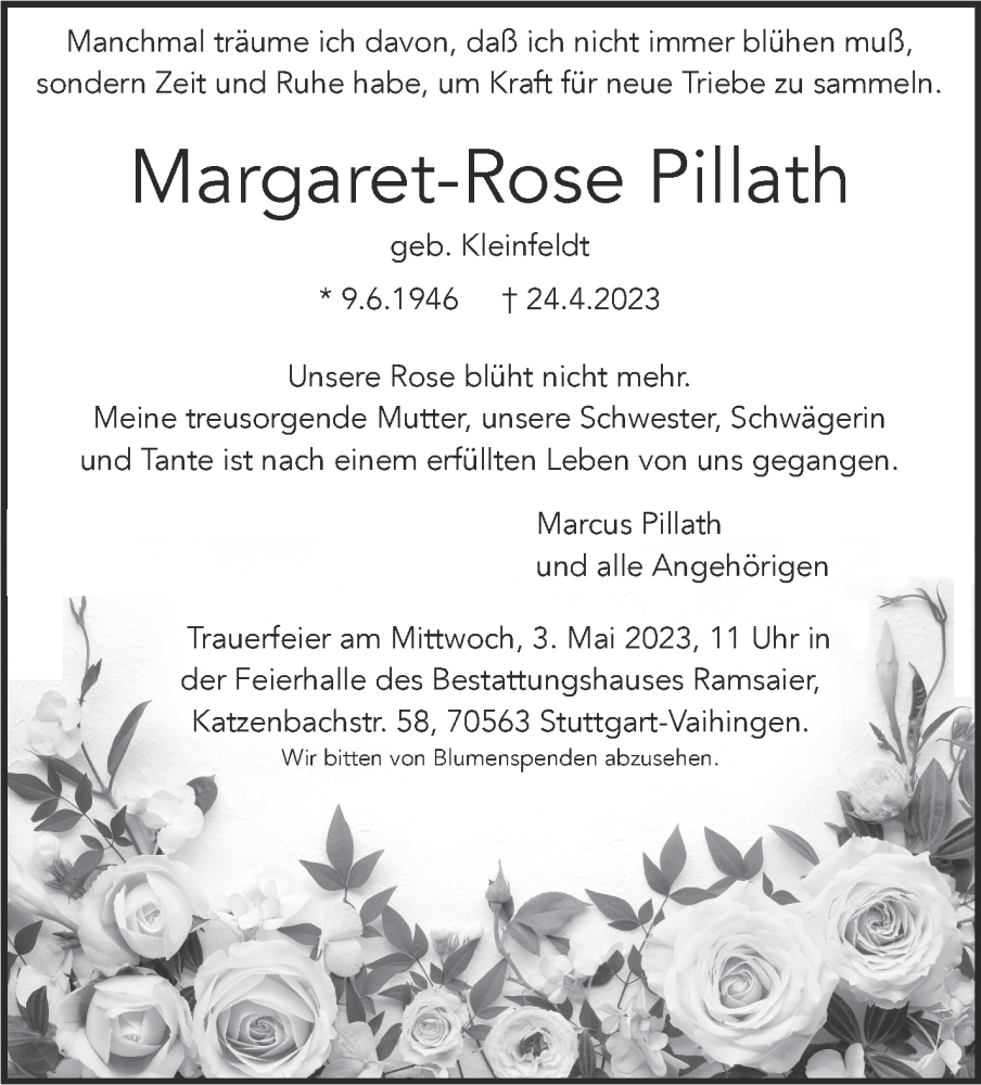  Traueranzeige für Margaret-Rose Pillath vom 29.04.2023 aus Stuttgarter Zeitung / Stuttgarter Nachrichten
