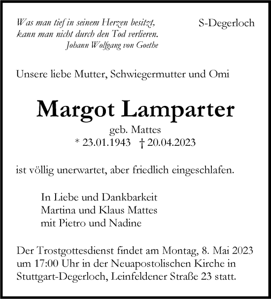 Traueranzeige von Margot Lamparter von Stuttgarter Zeitung / Stuttgarter Nachrichten