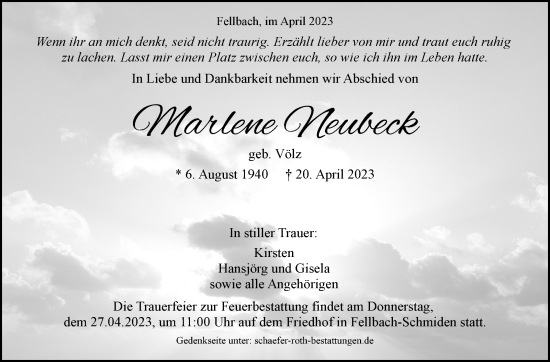Traueranzeige von Marlene Neubeck von Stuttgarter Zeitung / Stuttgarter Nachrichten