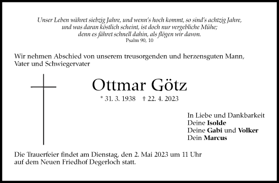 Traueranzeige von Ottmar Götz von Stuttgarter Zeitung / Stuttgarter Nachrichten