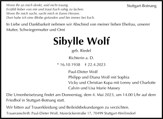 Traueranzeige von Sibylle Wolf von Stuttgarter Zeitung / Stuttgarter Nachrichten