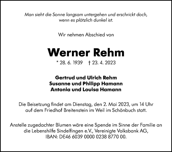 Traueranzeige von Werner Rehm von Stuttgarter Zeitung / Stuttgarter Nachrichten