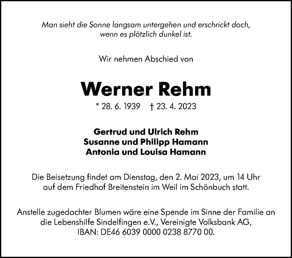  Traueranzeige für Werner Rehm vom 29.04.2023 aus Stuttgarter Zeitung / Stuttgarter Nachrichten